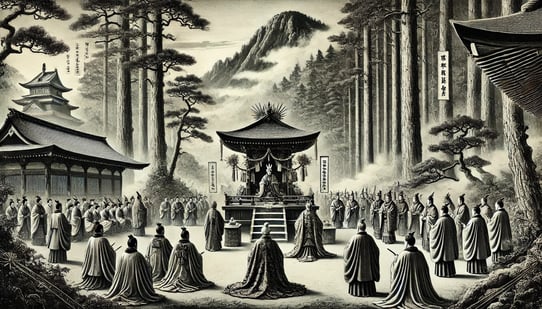 DALL?E 2024-11-21 21.21.45 - A black-and-white image in the style of an old photograph, depicting the spread of Inari worship during the Heian period (794?1185). The scene shows a