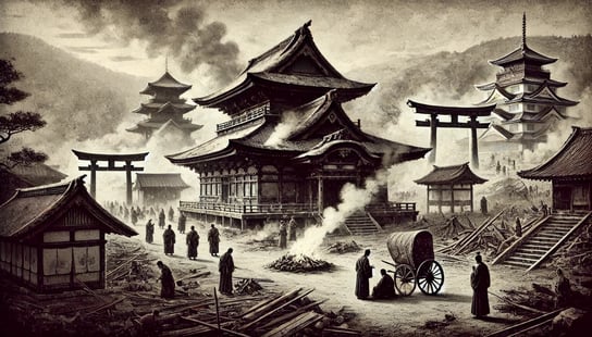 DALL?E 2024-11-21 21.21.47 - A black-and-white image in the style of an old photograph, depicting the development and challenges faced by Fushimi Inari Taisha during the Muromachi