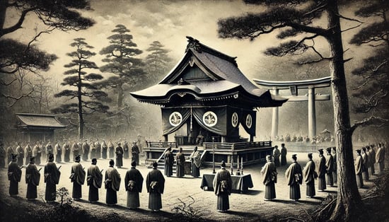 DALL?E 2024-11-22 01.13.20 - A black-and-white image in the style of an old photograph, depicting the founding of Tokyo Shokonsha (later Yasukuni Shrine) in 1869. The scene shows 