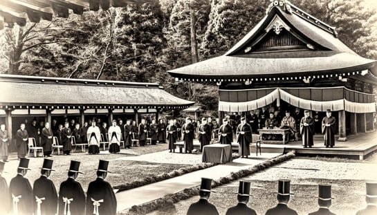 DALL?E 2024-11-22 01.13.27 - A black-and-white image in the style of an old photograph, depicting the renaming of Tokyo Shokonsha to Yasukuni Shrine in 1879. The scene shows the s