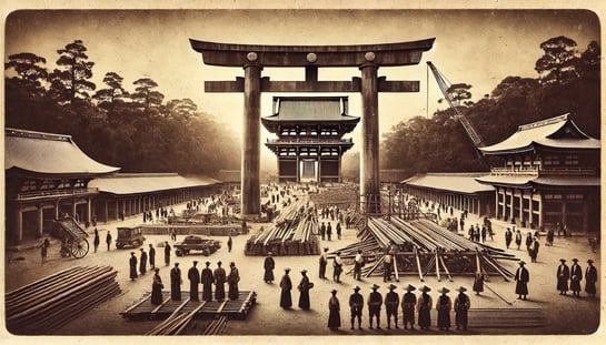 DALL?E 2024-11-22 01.13.33 - A black-and-white image in the style of an old photograph, depicting the construction of the original grand torii (first torii gate) at Yasukuni Shrin