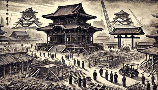 DALL?E 2024-11-22 01.13.45 - A historical black-and-white illustration in the style of an old photograph, depicting the aftermath of World War II at Yasukuni Shrine, showing the t