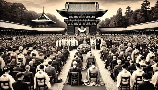 DALL?E 2024-11-22 01.13.55 - A black-and-white image in the style of an old photograph, depicting the controversial enshrinement of 14 Class-A war criminals at Yasukuni Shrine in 