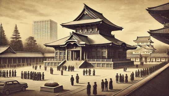 DALL?E 2024-11-22 01.13.59 - A historical black-and-white illustration in the style of old photographs depicting modern-day Yasukuni Shrine, emphasizing the contemporary setting w