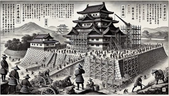 DALL?E 2024-11-23 10.29.08 - A detailed black-and-white historical illustration of Nagoya Castle during its initial construction phase from 1609 to 1615. The image depicts workers