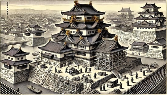 DALL?E 2024-11-23 10.29.15 - A detailed black-and-white historical illustration depicting Nagoya Castle during the Edo period (17th to 19th century), showcasing its well-maintaine