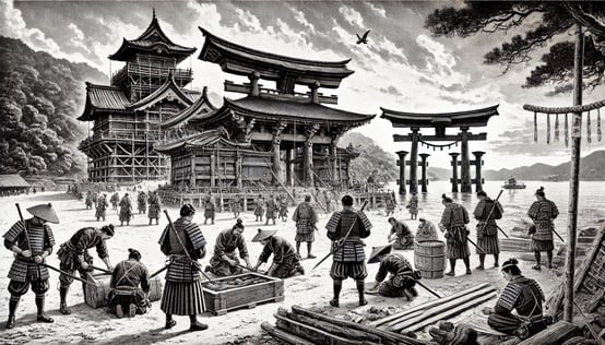 DALL?E 2024-11-23 12.56.49 - A black-and-white historical illustration depicting the restoration of Itsukushima Shrine during the Sengoku period in 1571. The scene should show the