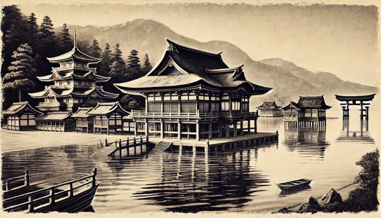 DALL?E 2024-11-23 12.56.56 - A black-and-white historical illustration in the style of an old photograph depicting Itsukushima Shrine in 1168, during the involvement of Taira no K