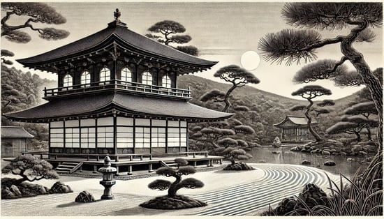 DALL?E 2024-11-24 10.05.32 - A historical black-and-white illustration depicting the creation of Ginkaku-ji (Silver Pavilion) by Ashikaga Yoshimasa in 1482, showcasing the simplic