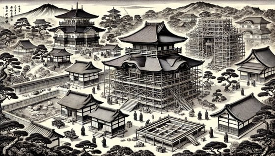 DALL?E 2024-11-24 10.05.42 - A black-and-white historical illustration in the style of an old Japanese woodblock print, depicting the construction of Higashiyama Sanso (later know