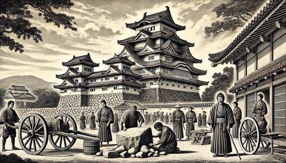 DALL?E 2024-11-24 12.36.56 - A historical black-and-white illustration capturing the essence of Himeji Castle during its 1581 renovations by Toyotomi Hideyoshi. The artwork highli