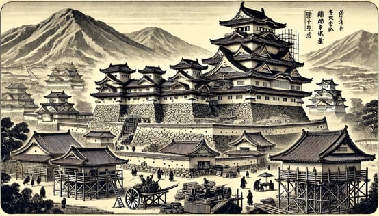 DALL?E 2024-11-24 12.36.59 - A historical black-and-white illustration in the style of an old Japanese woodblock print, depicting Himeji Castle during the early Edo period (1601-1