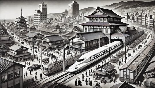 DALL?E 2024-11-29 21.16.41 - A historical black-and-white illustration depicting the transformative period of Atami in 1964 after the opening of the Tokaido Shinkansen. The illust