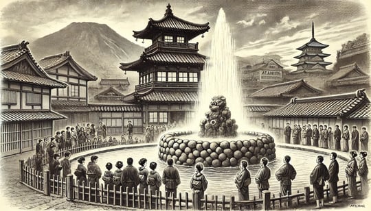 DALL?E 2024-11-29 21.16.45 - A historical black-and-white illustration depicting the artificial restoration of the Oyu Geyser in Atami in 1962. The scene features a structured gey