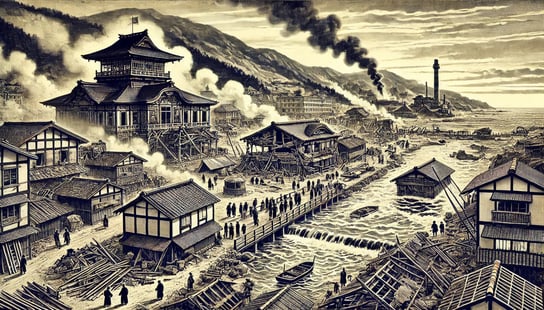 DALL?E 2024-11-29 21.16.47 - A historical black-and-white illustration depicting the aftermath of the 1923 Great Kanto Earthquake in Atami, Japan. The image shows a devastated coa