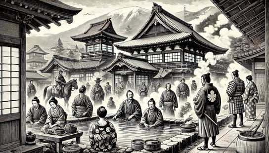 DALL?E 2024-11-29 21.16.52 - A historical black-and-white illustration capturing Tokugawa Ieyasus visit to Atami Onsen in 1604. The scene includes traditional Japanese architectu