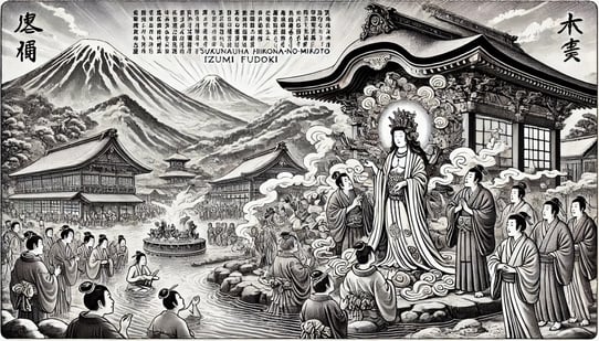 DALL?E 2024-11-29 21.16.56 - A black-and-white historical illustration depicting the origin of Atami Onsen as described in the ancient text Izunokuni Fudoki from the Nara period