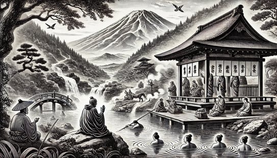 DALL?E 2024-11-30 14.20.17 - A historical black-and-white illustration depicting the origins of Hakone Onsen in 757 during the Nara period, with a serene natural setting, a Buddhi