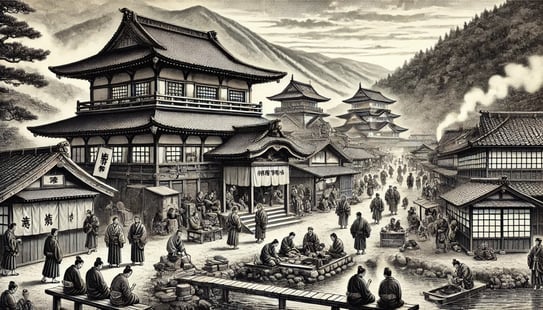 DALL?E 2024-11-30 14.20.22 - A historical black-and-white illustration depicting the establishment of Hakone Sekisho (Hakone Checkpoint) in 1619 during the Edo period, showing tra