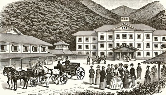 DALL?E 2024-11-30 14.20.32 - A historical black-and-white illustration set in 1878, depicting the grand opening of the Fujiya Hotel in Miyanoshita, Hakone. The scene captures the 