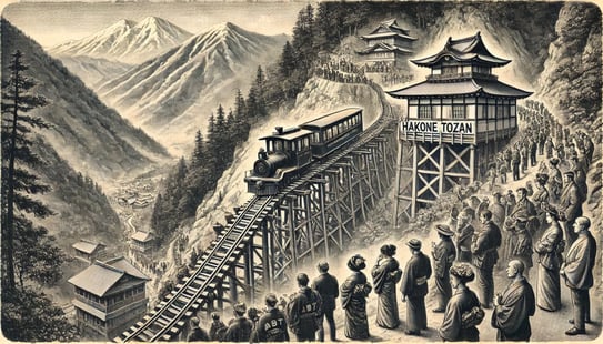 DALL?E 2024-11-30 14.20.43 - A historical black-and-white illustration set in 1919, showcasing the opening of the Hakone Tozan Railway in Japan. The scene includes a train ascendi