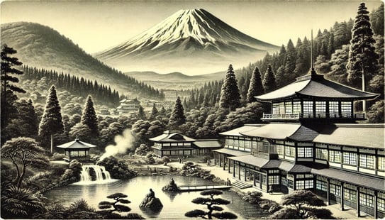 DALL?E 2024-11-30 14.20.46 - A historical black-and-white illustration capturing the establishment of the Fuji-Hakone National Park in 1936, showcasing scenic landscapes of Hakone