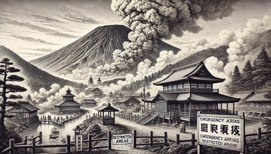 DALL?E 2024-11-30 14.20.49 - A 16_9 black-and-white historical illustration depicting the 2015 volcanic activity near Mount Hakone, specifically around the Owakudani region. The s