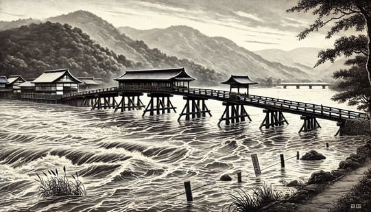 DALL?E 2024-12-09 21.33.38 - A historical black-and-white illustration in a 16_9 aspect ratio depicting the Togetsukyo Bridge in Arashiyama, Kyoto, during the aftermath of Typhoon