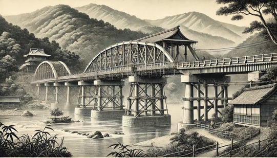 DALL?E 2024-12-09 21.33.41 - A historical black-and-white illustration in a 16_9 aspect ratio, depicting the reconstruction of Togetsukyo Bridge in 1934 during the Showa period. T