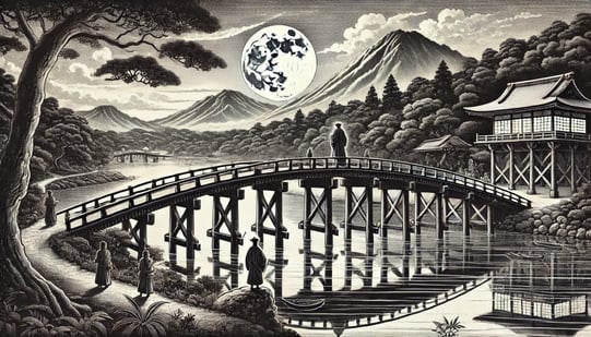 DALL?E 2024-12-09 21.33.43 - A black-and-white historical illustration in a 16_9 aspect ratio, depicting the birth of the name _Togetsukyo Bridge_ during the late 13th century in 