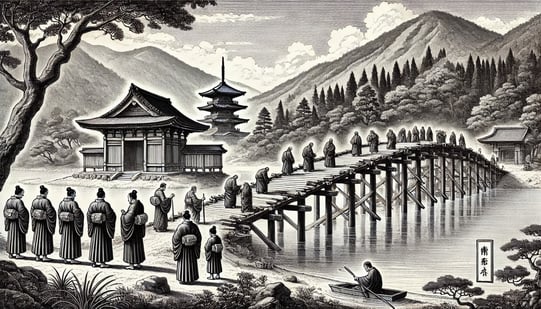 DALL?E 2024-12-09 21.33.45 - A black-and-white historical illustration capturing the creation of the original Horinji Bridge in Japan during the Heian period (834?848 AD). The a