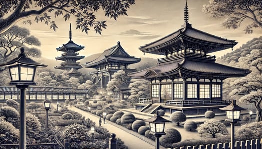 DALL?E 2024-12-14 23.50.38 - A historical black-and-white illustration of Eikando Zenrin-ji Temple in Kyoto, showcasing its architectural preservation and beauty post-1950. The im