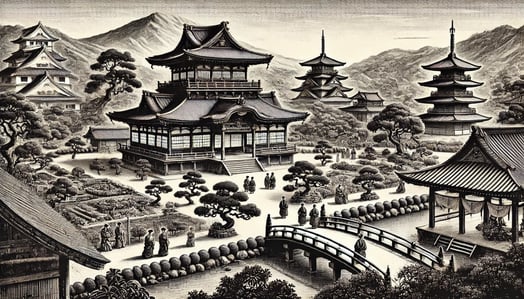 DALL?E 2024-12-14 23.50.43 - A historical black-and-white illustration depicting the early Edo period (1615), showing the temple of Eikando in Kyoto under the protection of Tokuga