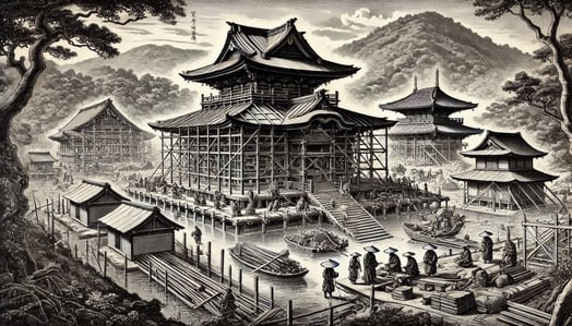 DALL?E 2024-12-14 23.50.46 - A historical black-and-white illustration in a 16_9 aspect ratio, depicting the reconstruction of Eikando Temple (Zenrin-ji) in the Muromachi period a