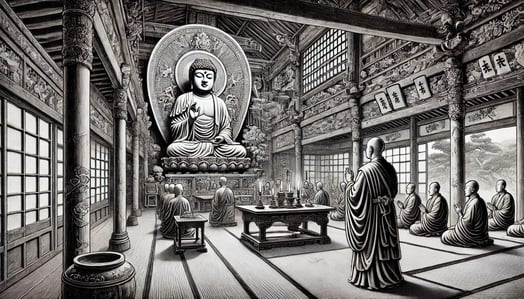 DALL?E 2024-12-14 23.50.49 - A historical black-and-white illustration in a 16_9 aspect ratio. The scene depicts a monk named Eikan at a Japanese temple called Zenrinji in the lat