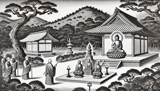 DALL?E 2024-12-14 23.50.53 - A historical black-and-white illustration depicting the founding of Eikando Temple (Zenrin-ji) in 853 AD during the early Heian period. The scene show