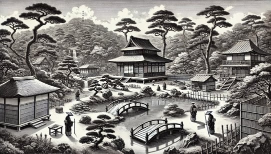 DALL?E 2024-12-17 21.41.22 - A historical black-and-white illustration depicting the creation of Renchitei (蓮池庭) in 1676 during the Edo period, specifically showing a traditional 