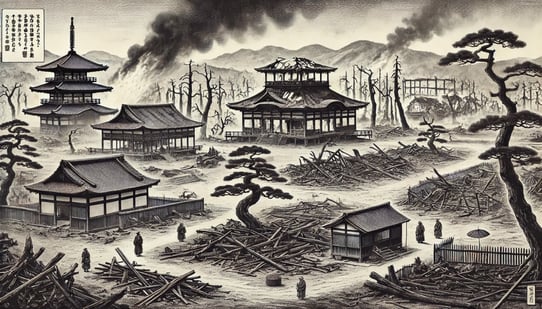 DALL?E 2024-12-17 21.41.26 - A historical black-and-white illustration in a 16_9 widescreen format depicting the aftermath of a large fire in Kanazawa, Japan, during the Edo perio