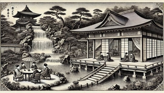 DALL?E 2024-12-17 21.41.31 - A historical black-and-white illustration set in the late 18th century (1774), depicting the reconstruction of a traditional Japanese garden known as 