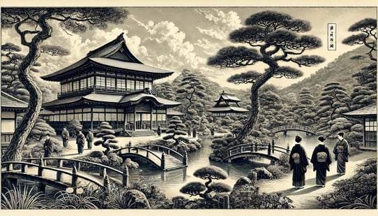 DALL?E 2024-12-17 21.41.34 - A historical black-and-white illustration set in 1822 during the Edo period, depicting the completion of the _Takezawa Goten_ residence and the naming