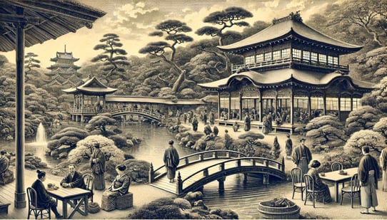 DALL?E 2024-12-17 21.41.36 - A black-and-white historical illustration of Kenrokuen Garden in 1874 during the Meiji period, when it was opened to the general public. The scene sho