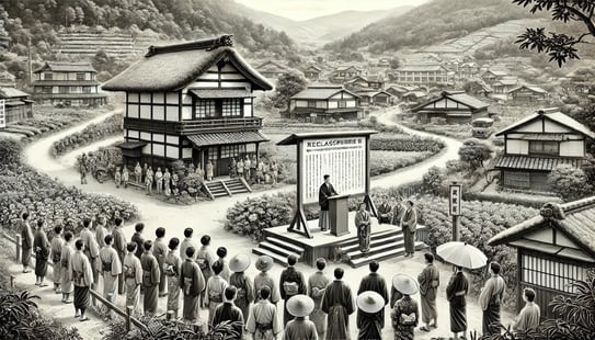 DALL?E 2024-12-20 22.47.39 - A detailed black-and-white historical illustration in a 16_9 aspect ratio, depicting a serene rural Japanese village in 2019 during a public announcem