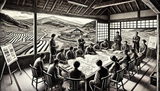 DALL?E 2024-12-20 22.47.45 - A detailed black-and-white historical illustration in a 16_9 aspect ratio. The scene depicts a rural Japanese village in the 1970s during a town meeti