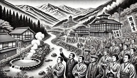 DALL?E 2024-12-20 22.47.58 - A historical black-and-white illustration capturing a significant event from the 1950s involving a local opposition to a dam construction project in a