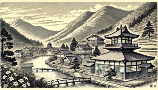 DALL?E 2024-12-20 22.48.07 - A historical black-and-white illustration set in the Taisho period (1912-1926), depicting a serene Japanese onsen village with a focus on administrati