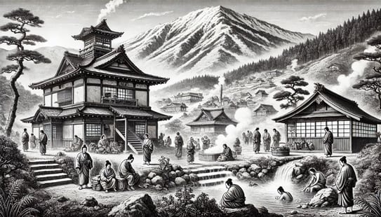 DALL?E 2024-12-20 22.48.15 - A historical black-and-white illustration depicting the origin of Yufuin Onsen during the Nara period (710?794 AD), showing ancient Japanese people us