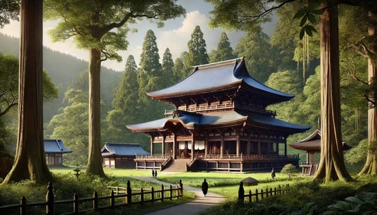 DALL?E 2024-12-21 09.59.55 - A highly realistic and natural depiction of Hase-dera Temple in 1896 during the Meiji period, focusing on the main hall amidst lush greenery and its r