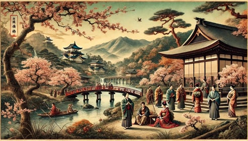 DALL?E 2024-12-21 14.48.08 - A historical depiction of Arashiyama during the Heian period (794-1185), styled like an ancient Japanese painting. The scene shows nobles in tradition