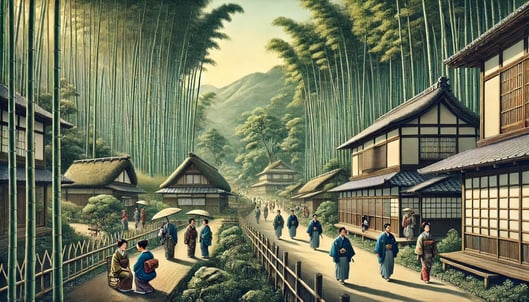 DALL?E 2024-12-22 12.47.51 - A historical depiction of the Sagano bamboo grove during the Edo period (1603-1868), styled as an ancient Japanese painting with no framing or borders