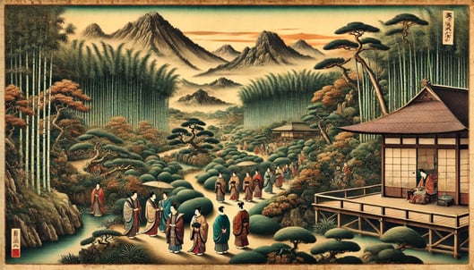 DALL?E 2024-12-22 12.48.37 - A historical depiction of the Sagano bamboo grove during the Kamakura period (1185-1333), styled as an ancient Japanese painting with no framing or bo